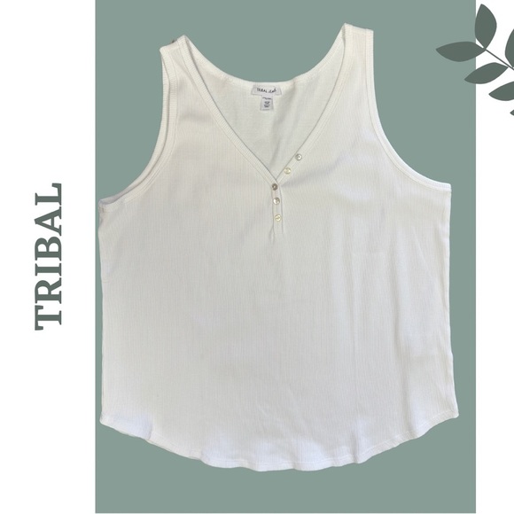 Tribal Tank Top White Ribbed V-Neck Button Detail Size XXL - Picture 1 of 4